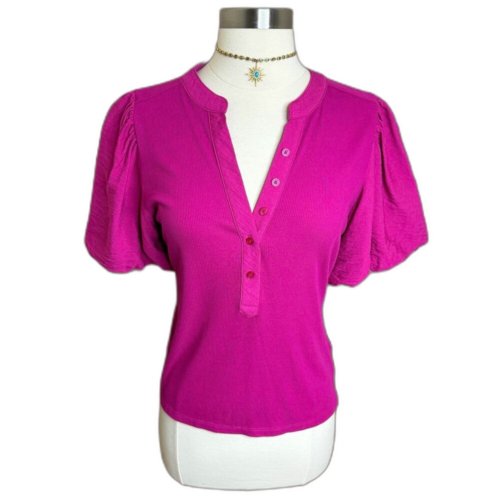 DKNY Pink Ribbed Knit Henley Top M Solid Stretch Button Puff Short Sleeve